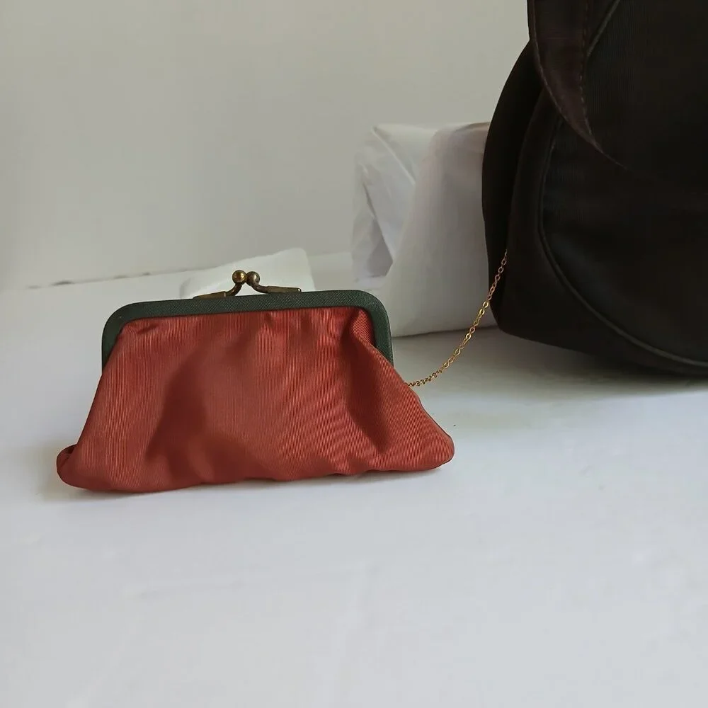 Vintage Brown Grosgrain Gold Art Deco Clasp Handbag with Cute Attached Purse